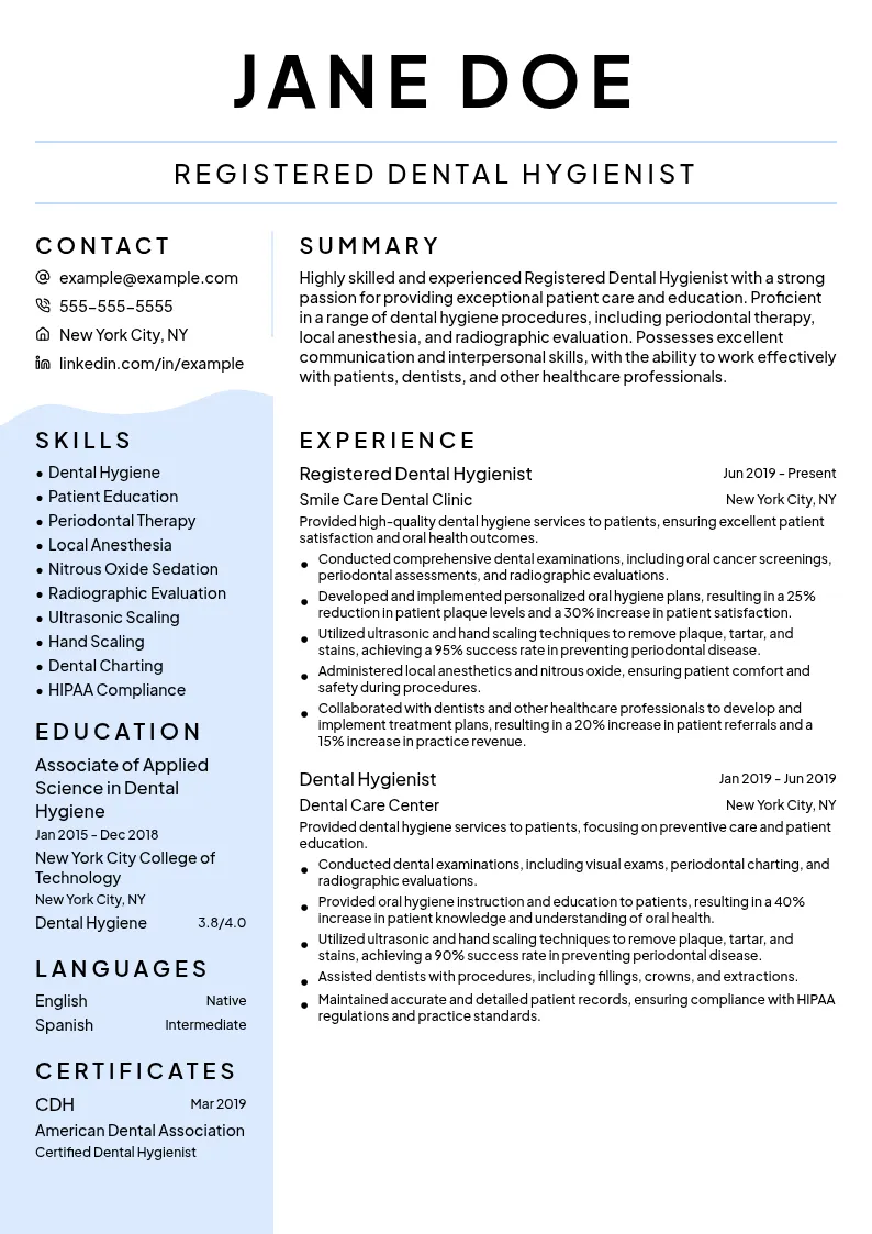 Dental Hygienist resume example