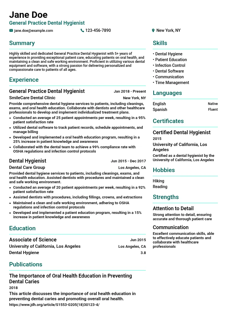 General Practice Dental Hygienist resume example