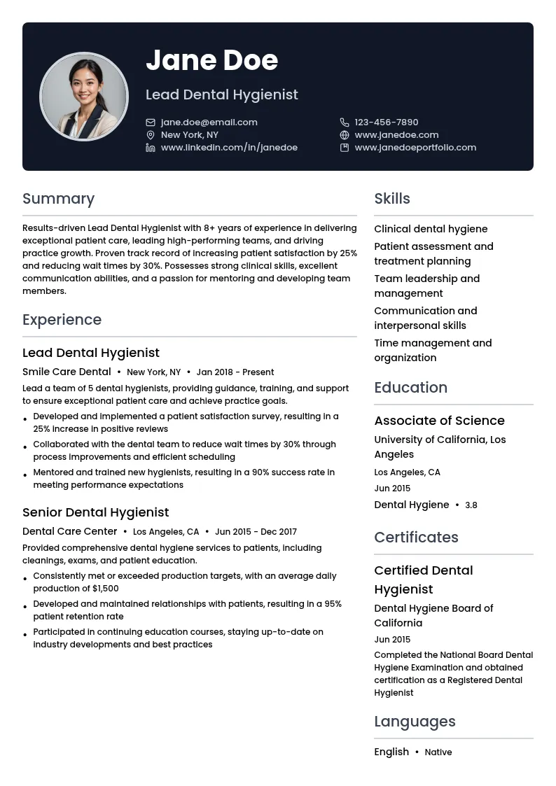 Lead Dental Hygienist resume example