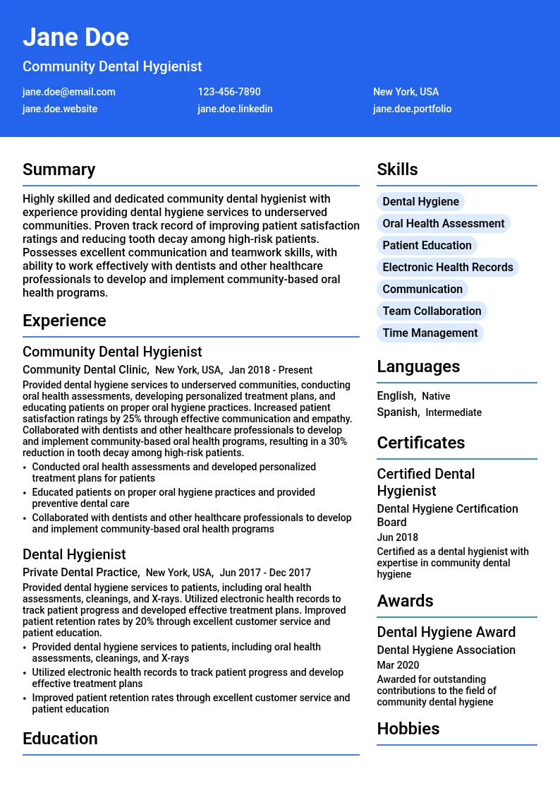 Community Dental Hygiene resume example