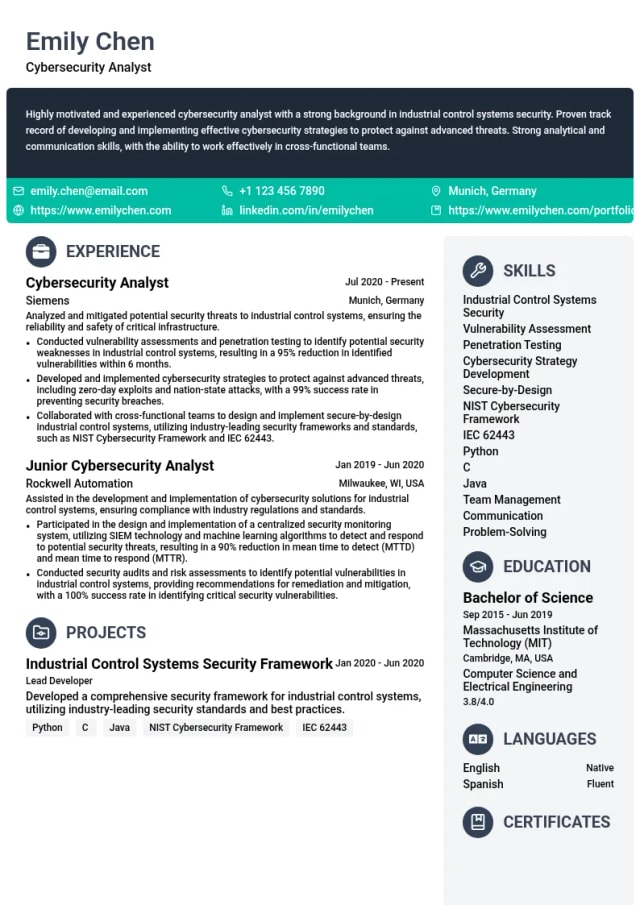 Industrial Control Systems Security resume example