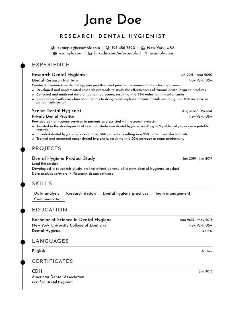 Research Dental Hygienist resume example