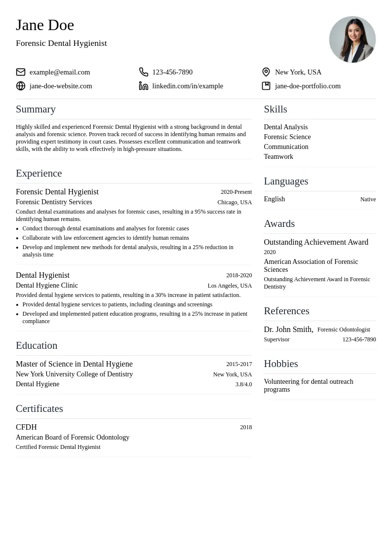 Forensic Dental Hygienist resume example