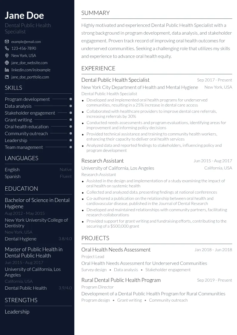 Dental Public Health Specialist resume example