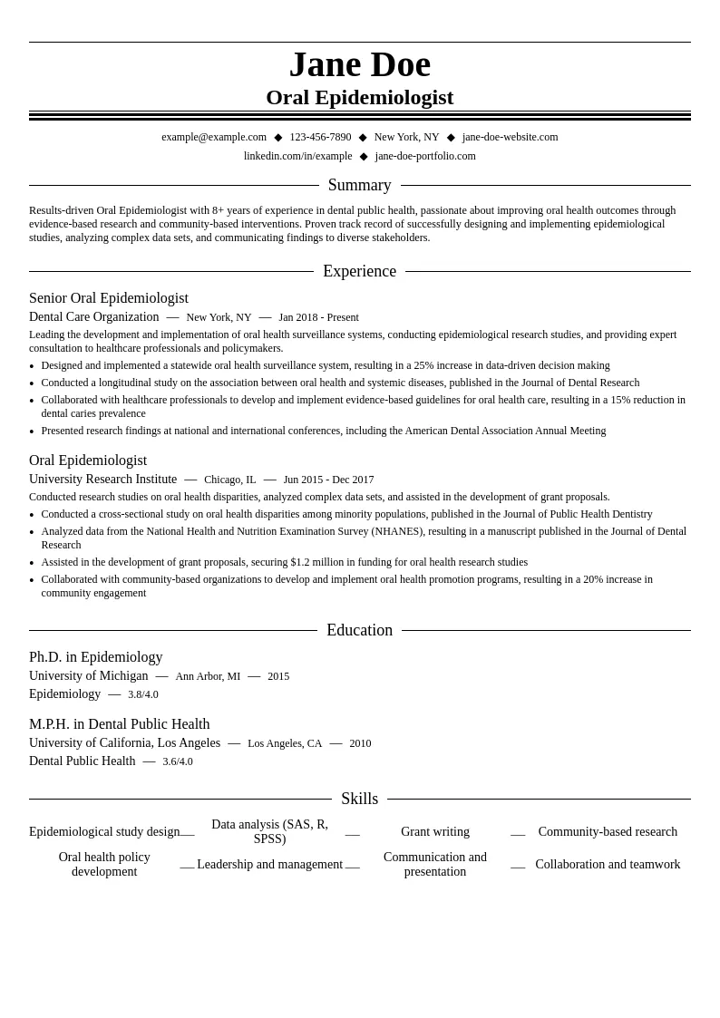 Oral Epidemiologist resume example