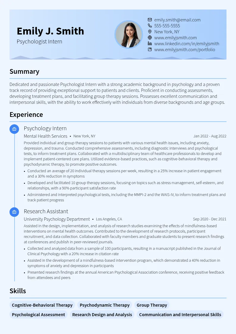 Psychologist Intern resume example