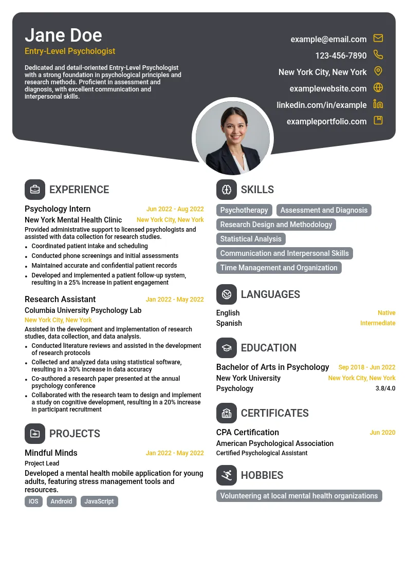 Entry-Level Psychologist resume example