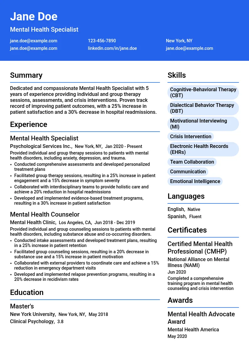 Mental Health Specialist resume example