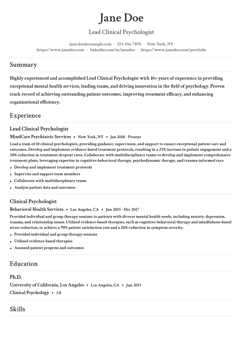 Lead Clinical Psychologist resume example