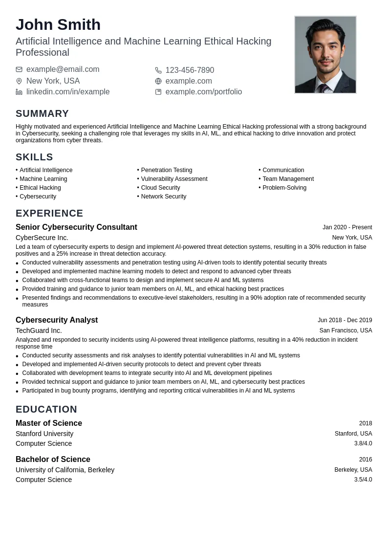 Artificial Intelligence and Machine Learning Ethical Hacking resume example