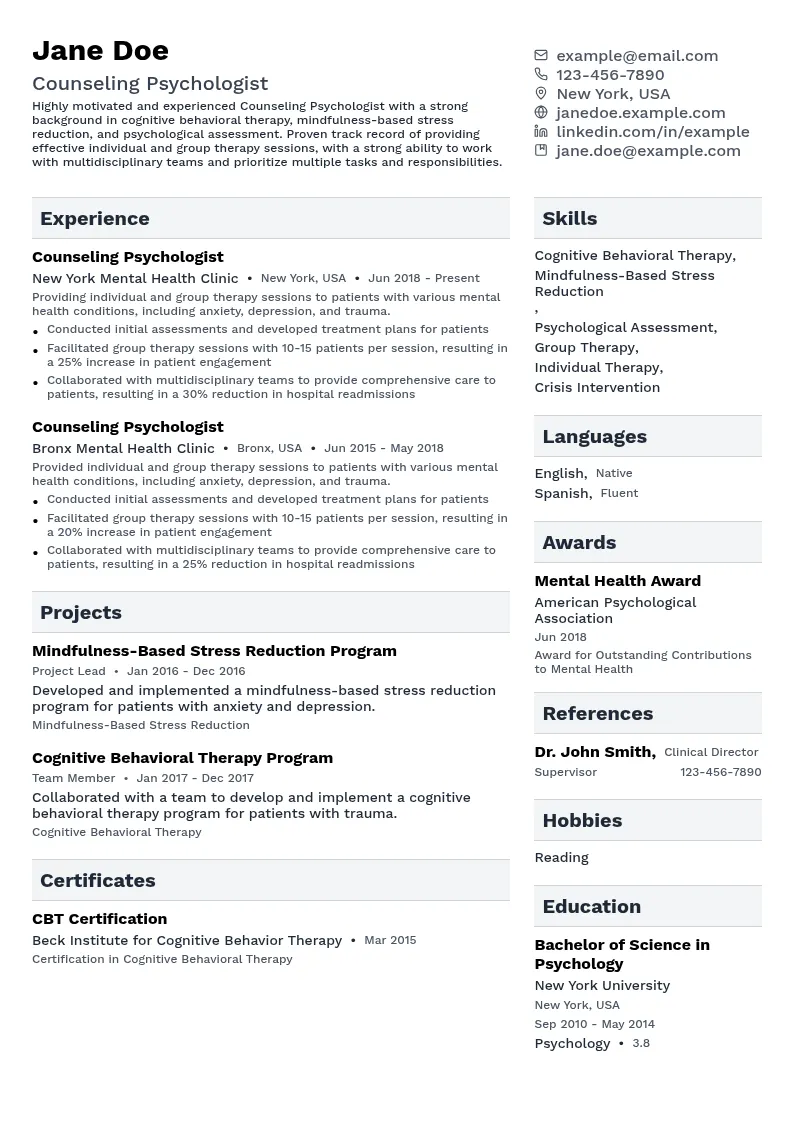Counseling Psychologist resume example
