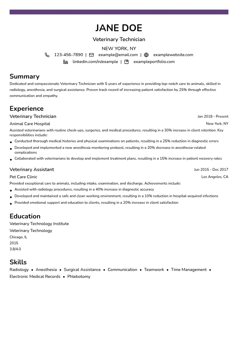 Veterinary Technician resume example