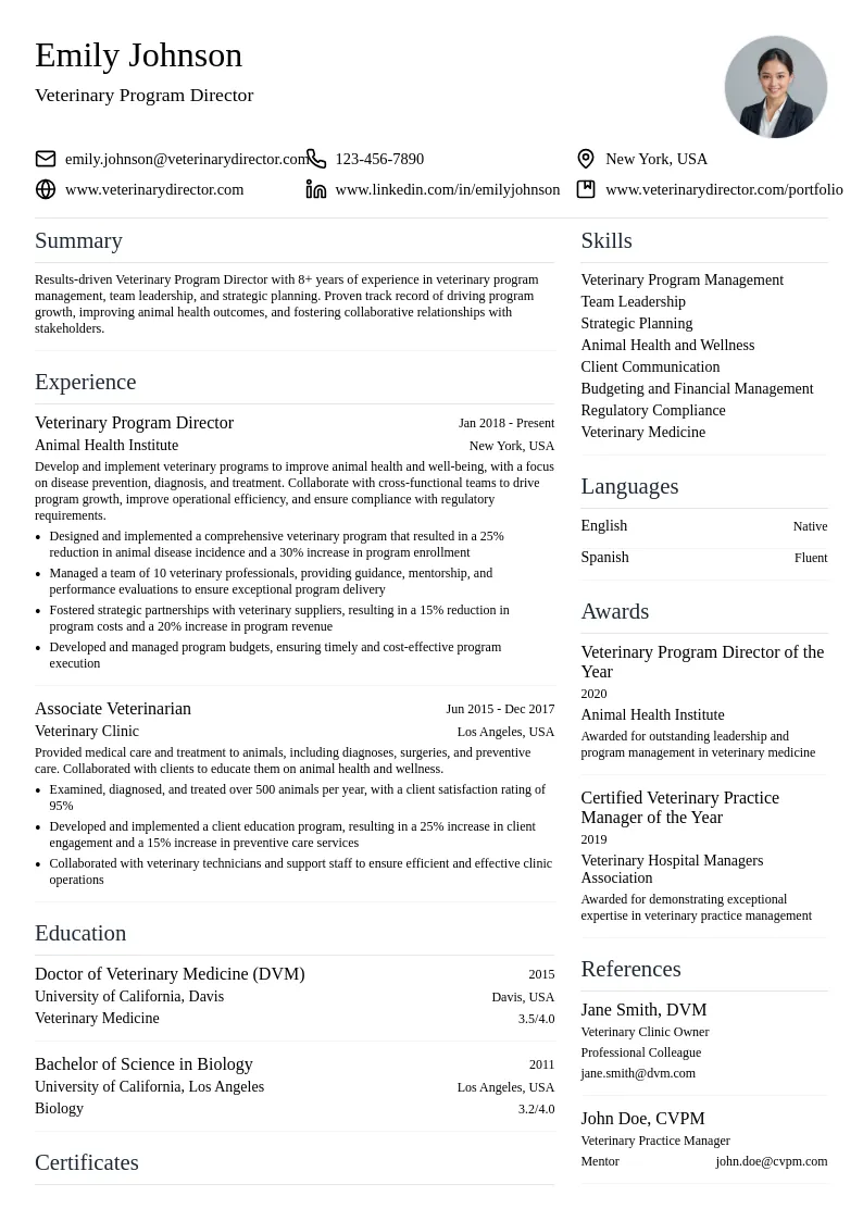 Veterinary Program Director resume example