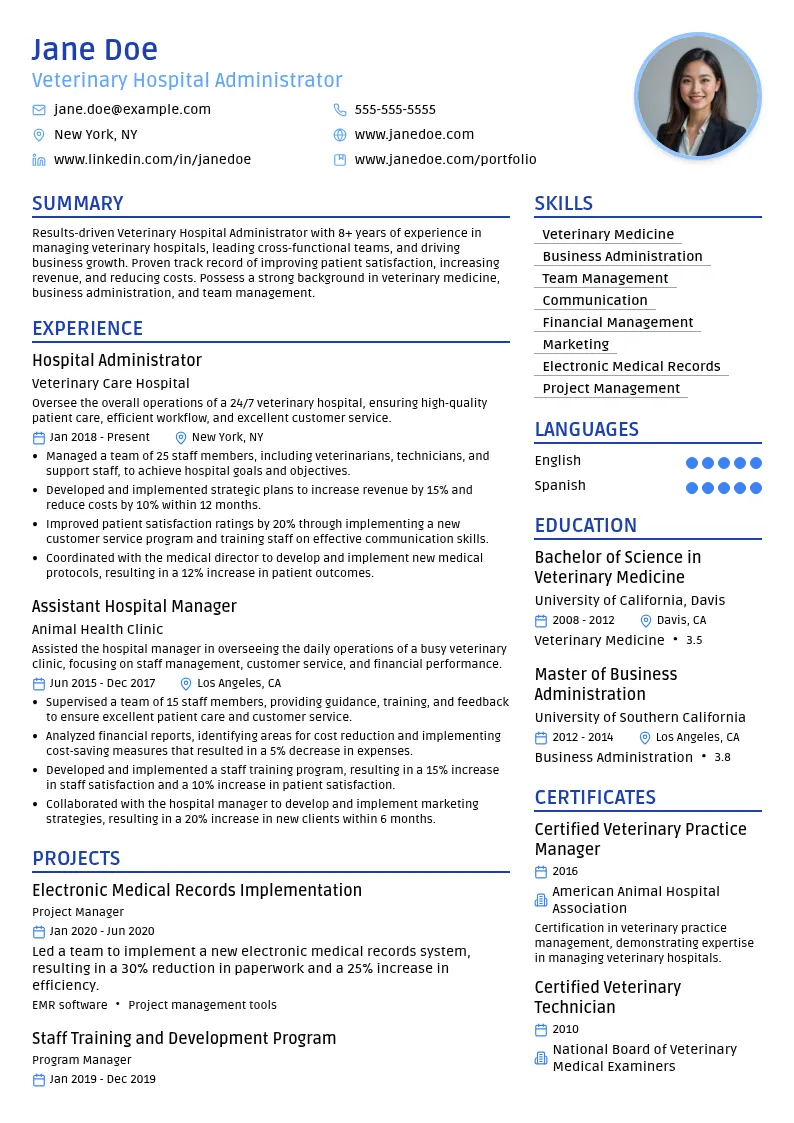 Veterinary Hospital Administrator resume example