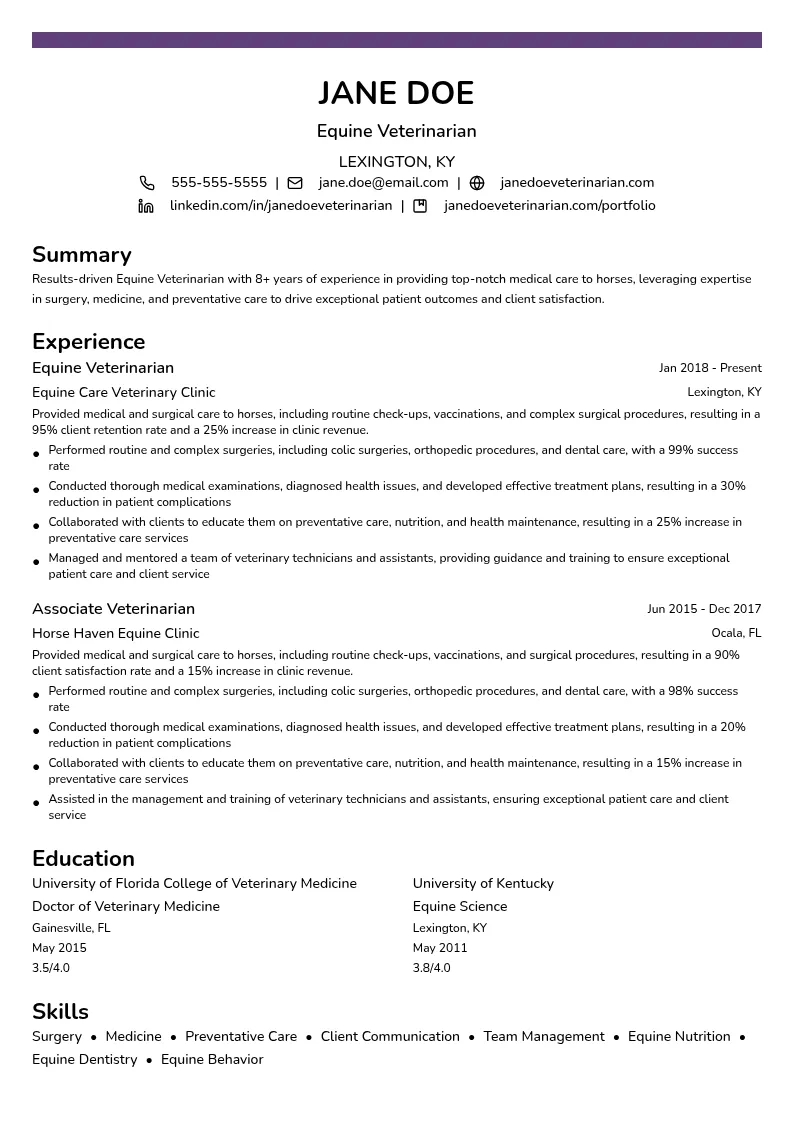 Equine Veterinarian resume example