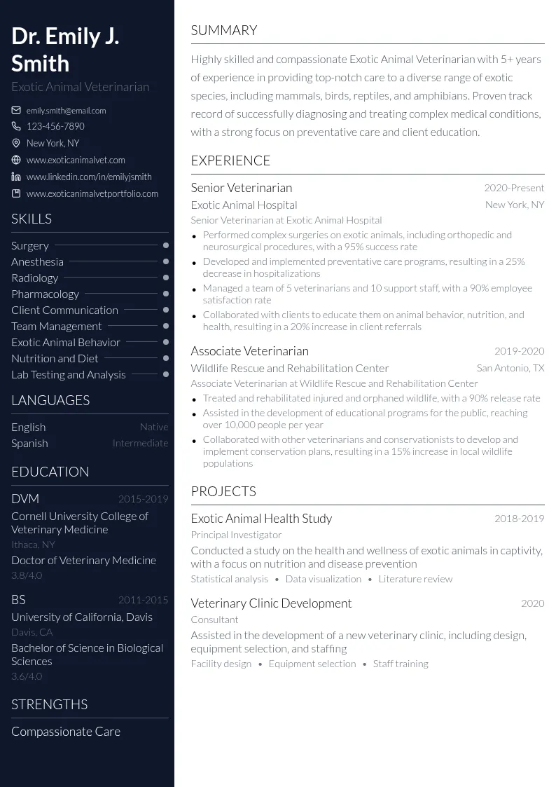 Exotic Animal Veterinarian resume example