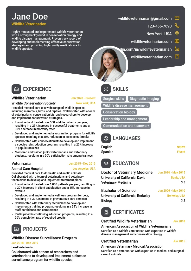 Wildlife Veterinarian resume example