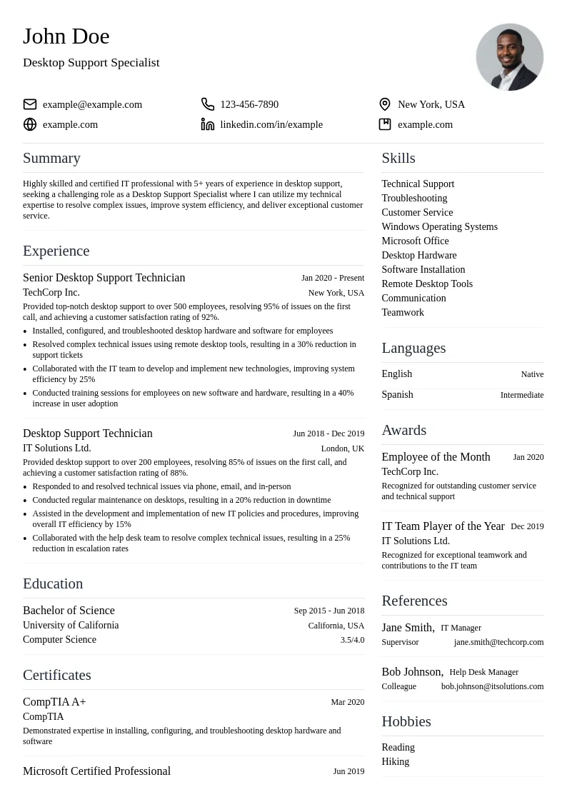 Desktop Support resume example