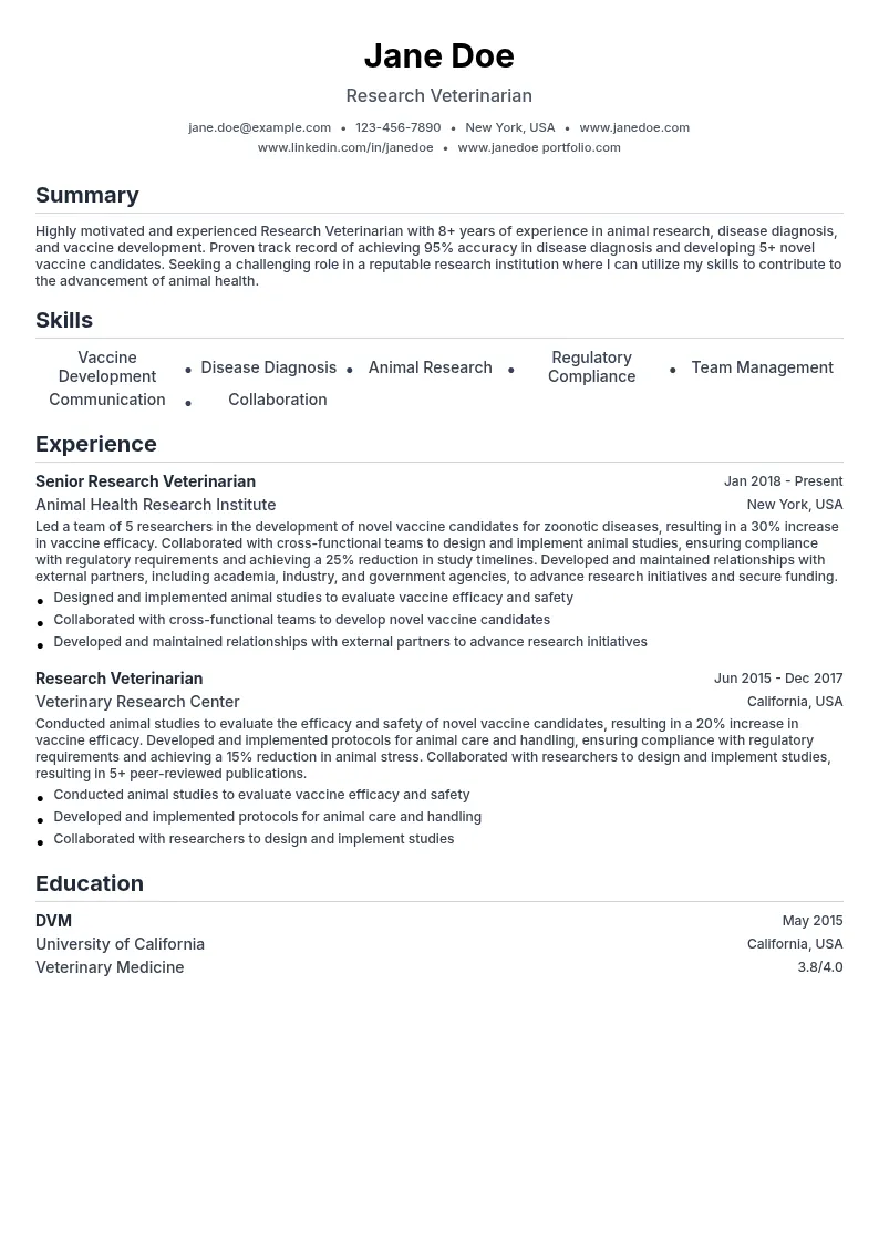 Research Veterinarian resume example