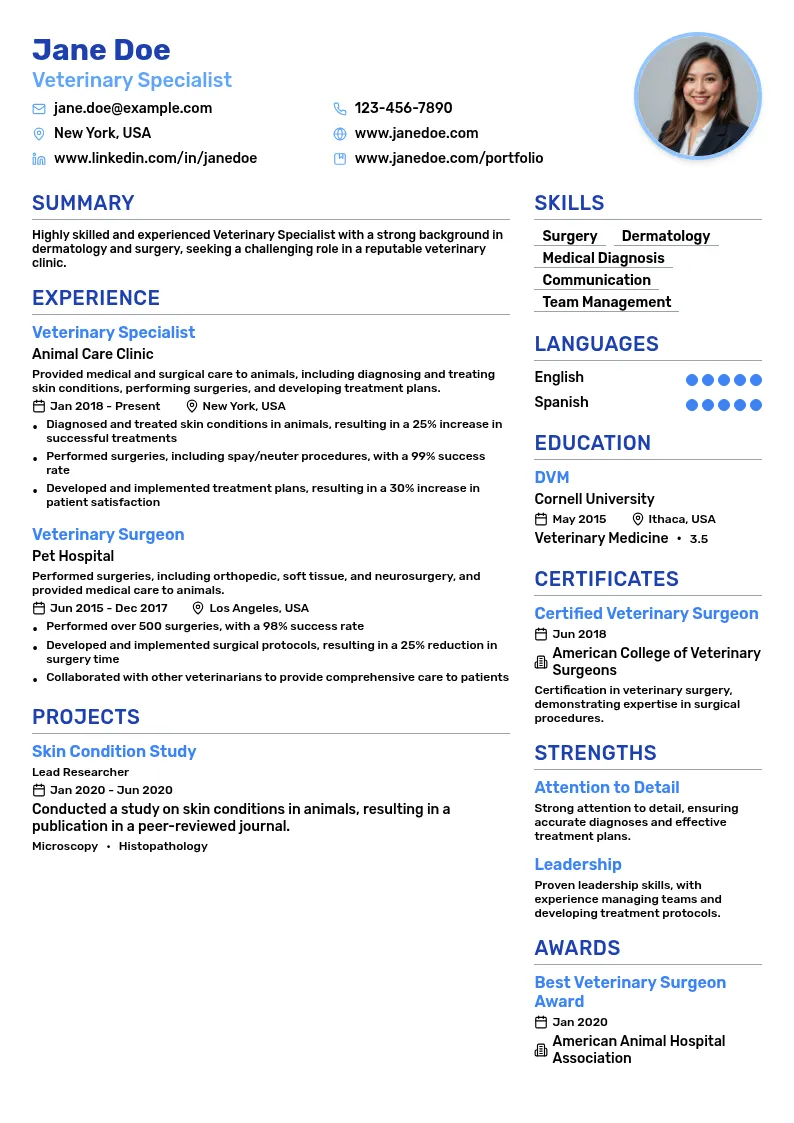 Veterinary Specialist (Dermatology, Surgery, etc.) resume example