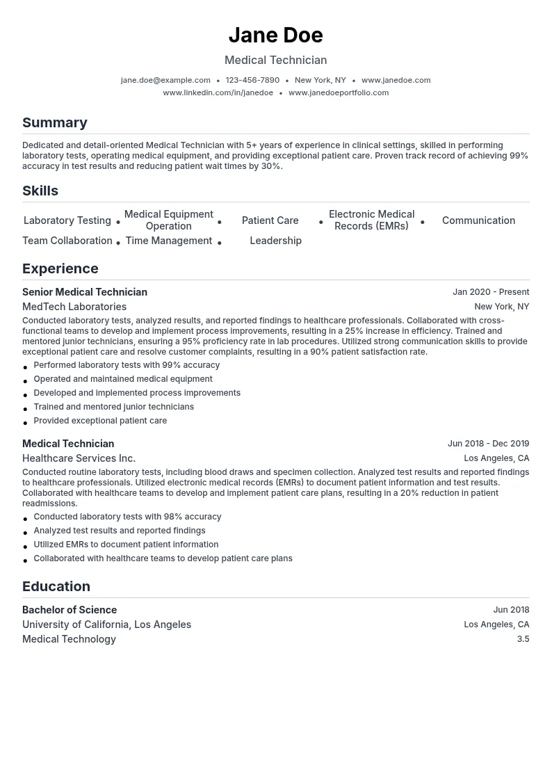 Medical Technician resume example