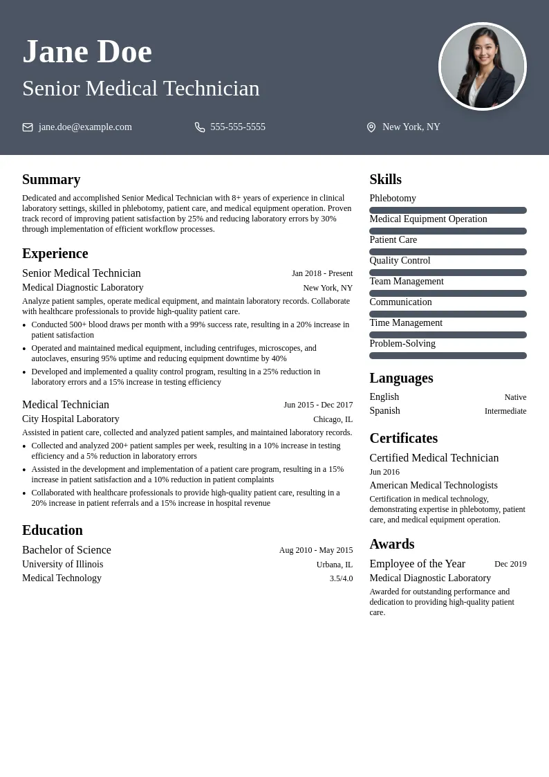 Senior Medical Technician resume example