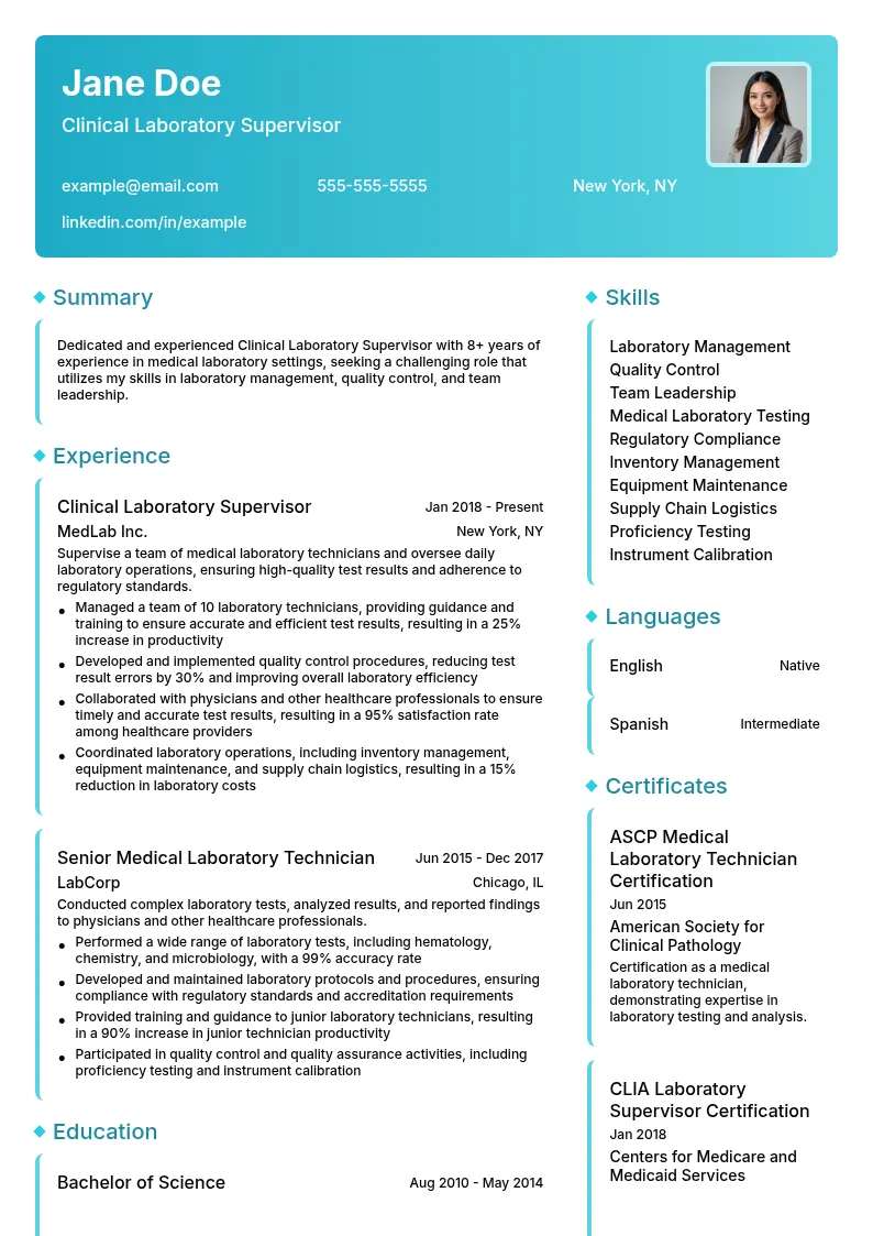 Clinical Laboratory Supervision resume example