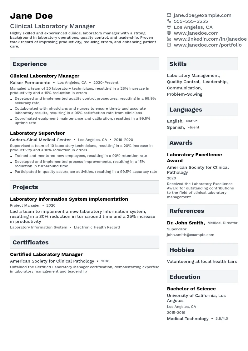 Clinical Laboratory Management resume example