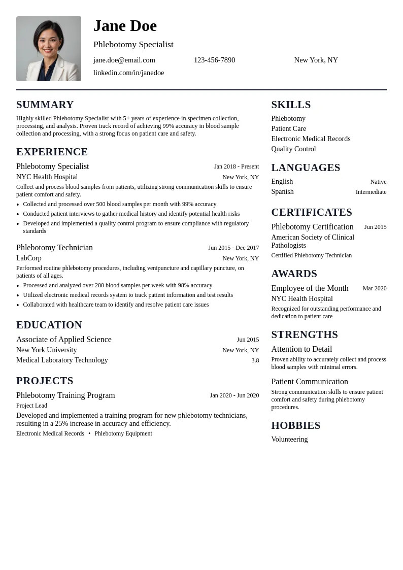 Phlebotomy Specialist resume example