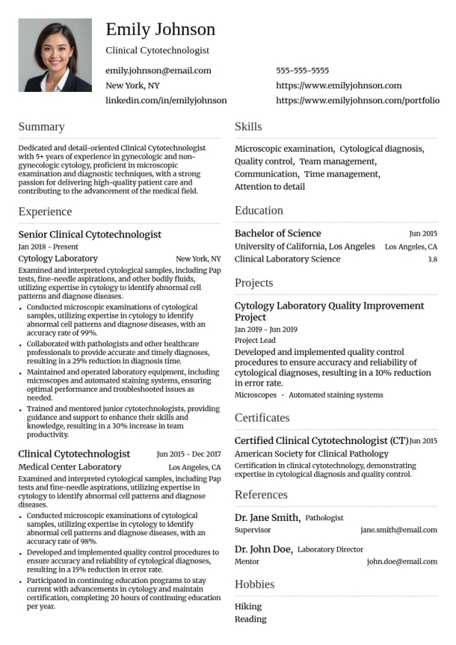 Clinical Cytotechnologist resume example
