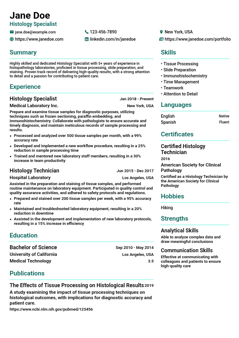 Histology Specialists resume example