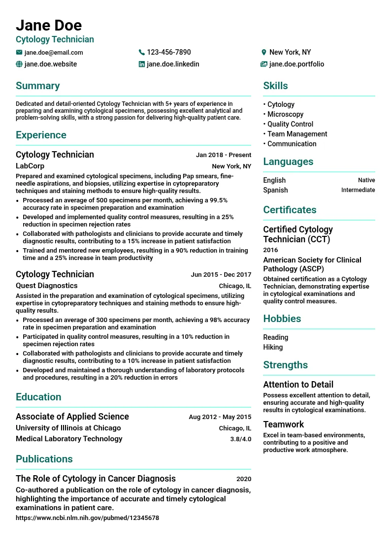 Cytology Technician resume example