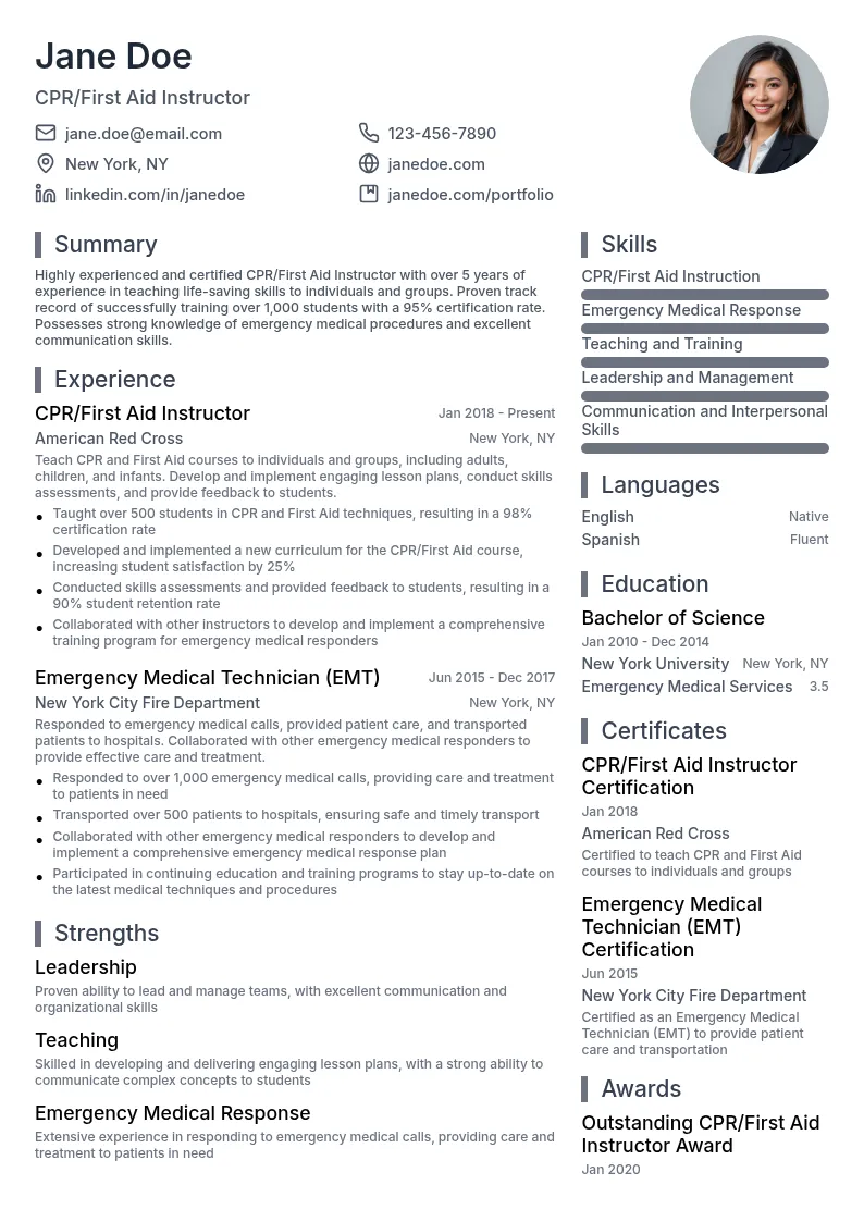 CPR/First Aid Instructor resume example