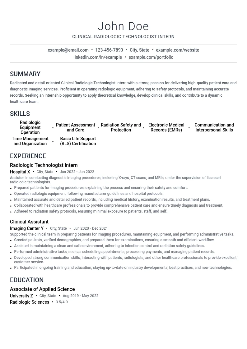 Clinical Radiologic Technologist Intern resume example