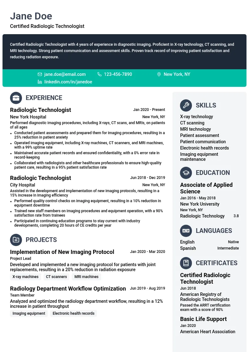 Certified Radiologic Technologist resume example