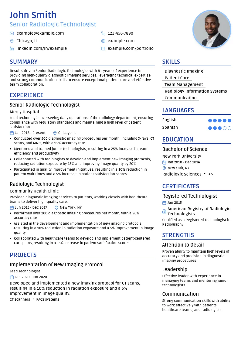 Senior Radiologic Technologist resume example