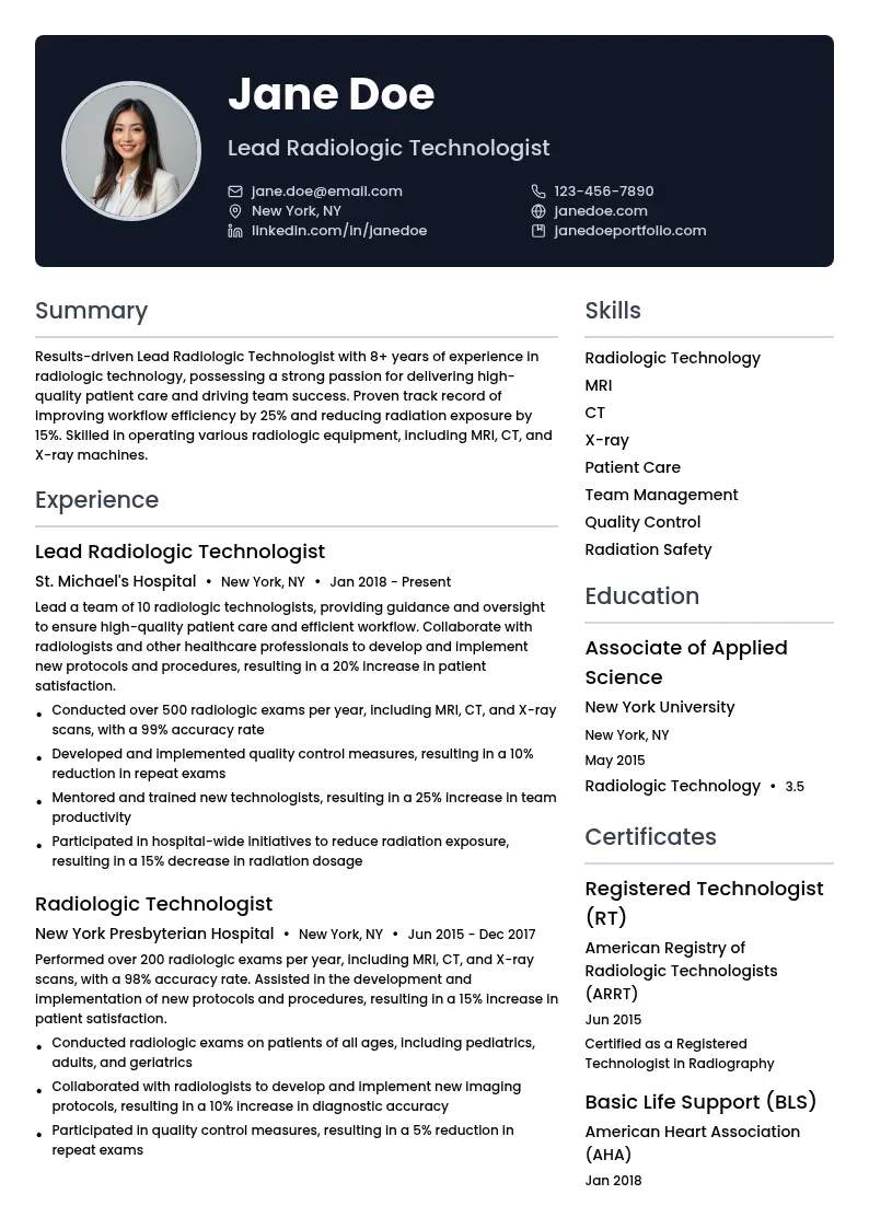 Lead Radiologic Technologist resume example