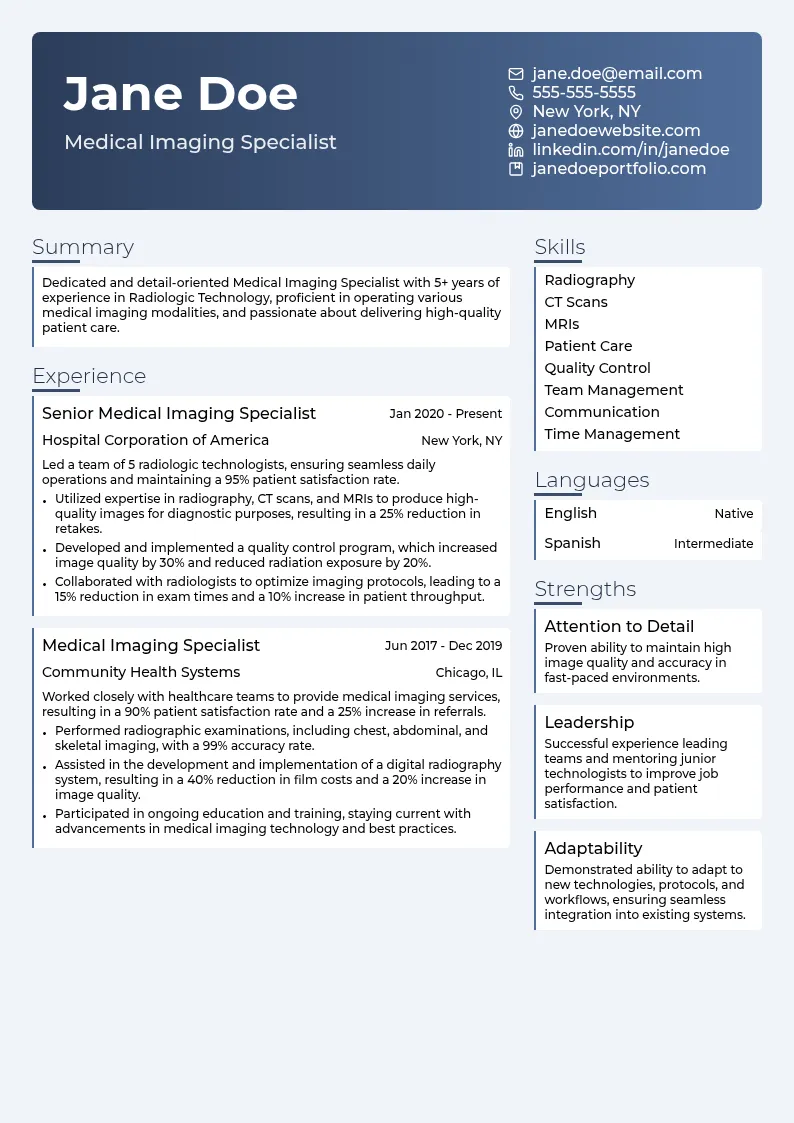 Medical Imaging Specialist resume example