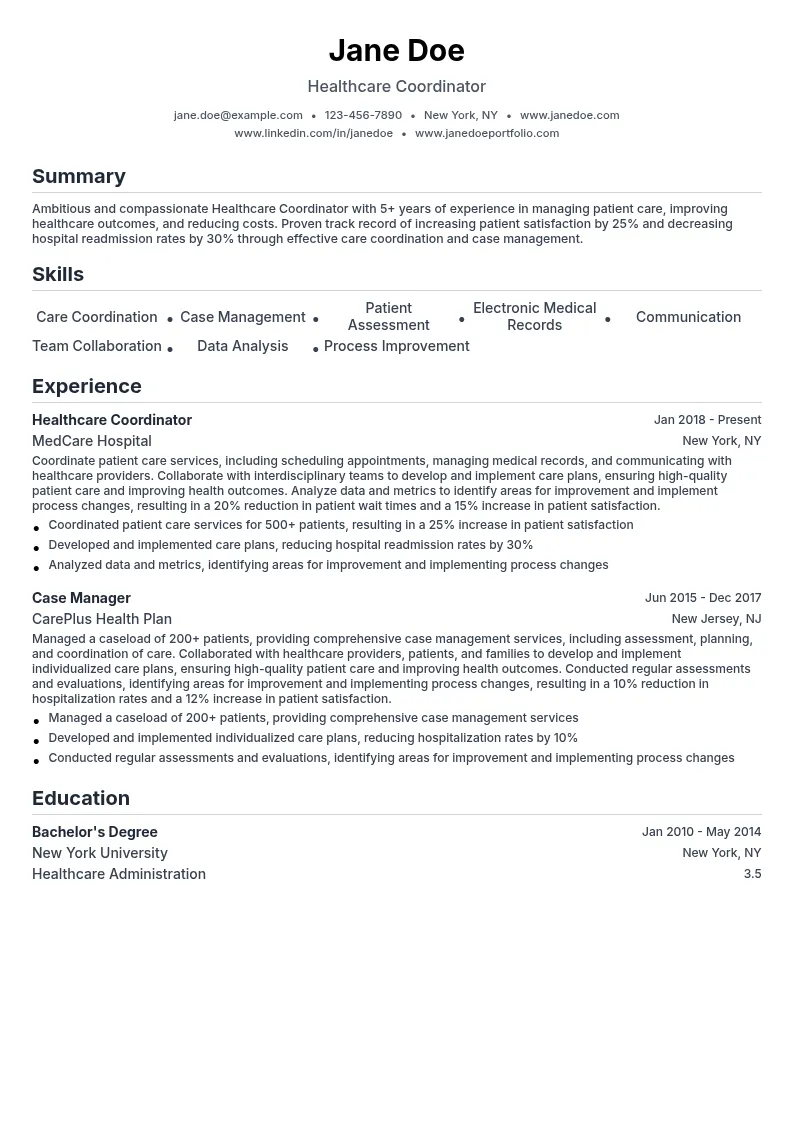 Healthcare Coordinator resume example