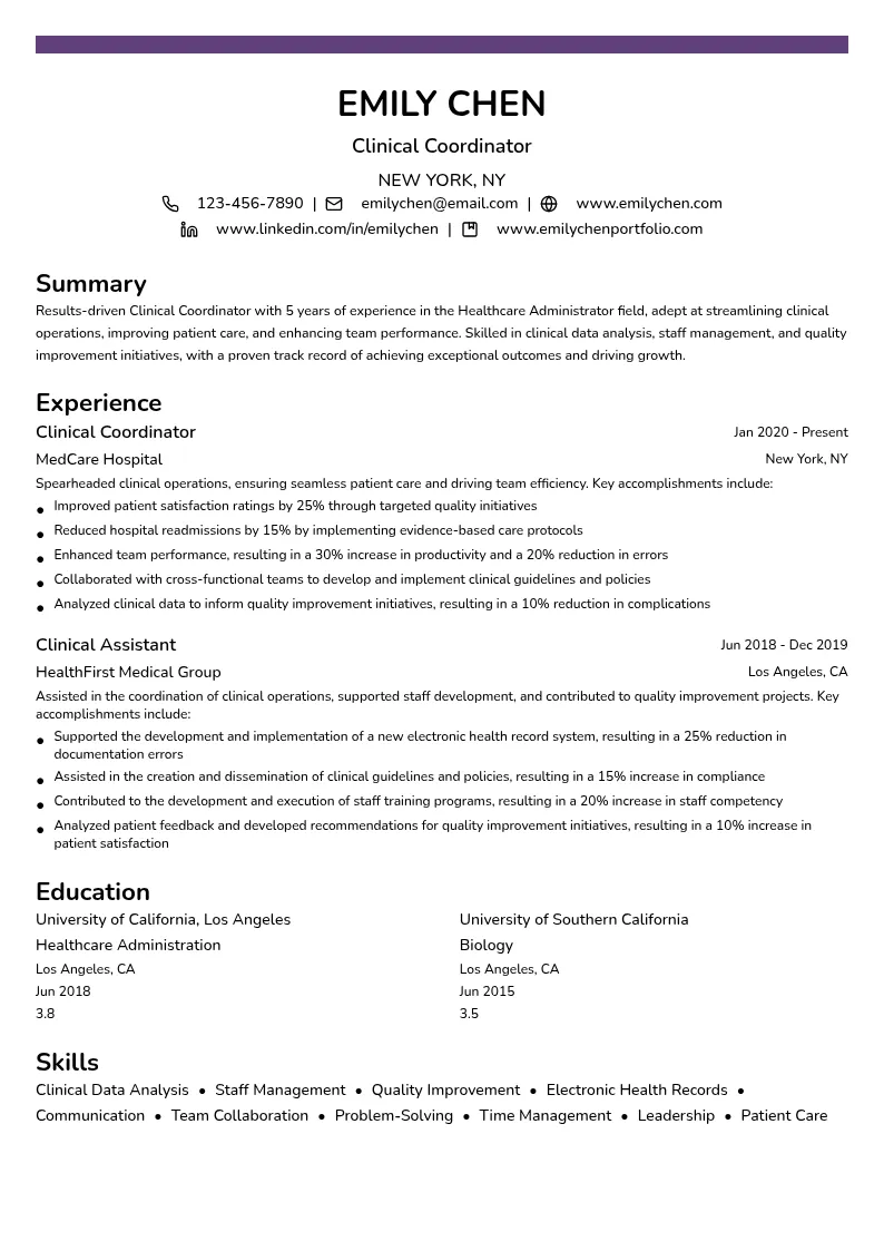 Clinical Coordinator resume example