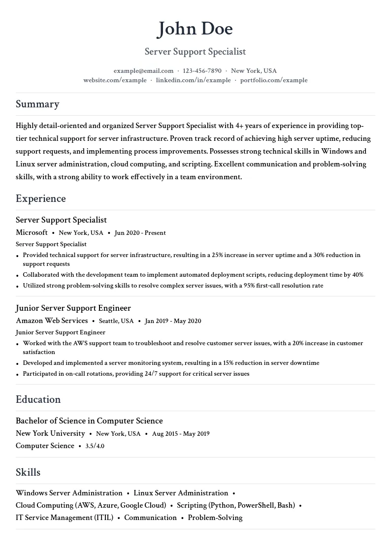 Server Support resume example