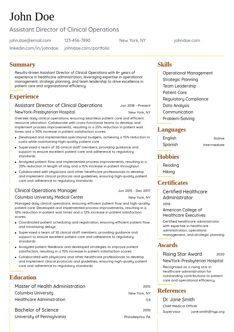 Assistant Director of Clinical Operations resume example