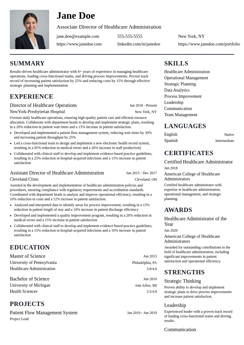 Associate Director of Healthcare Administration resume example