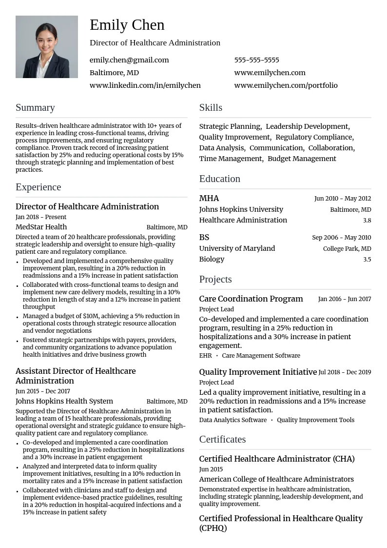 Director of Healthcare Administration resume example