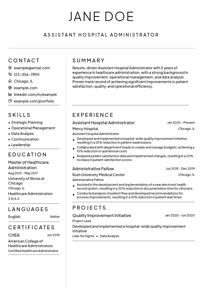 Assistant Hospital Administrator resume example