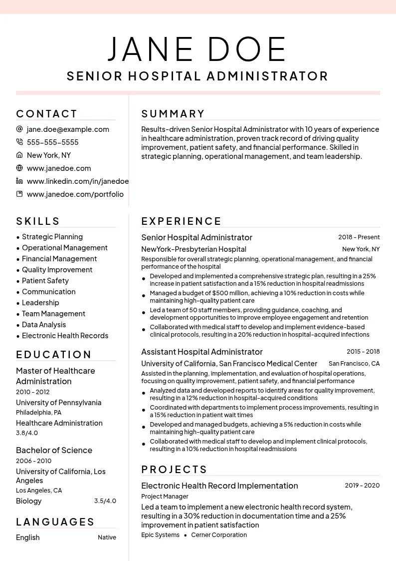 Senior Hospital Administrator resume example