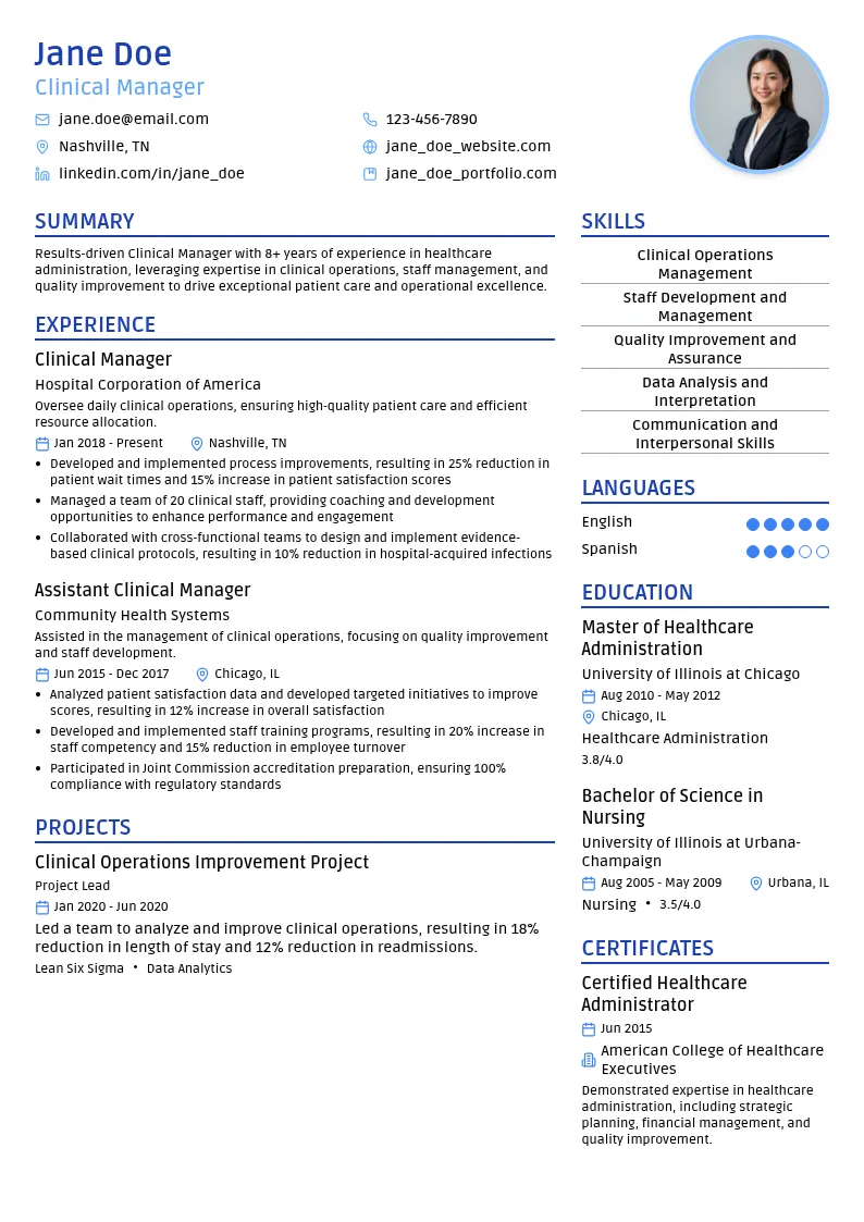 Clinical Manager resume example
