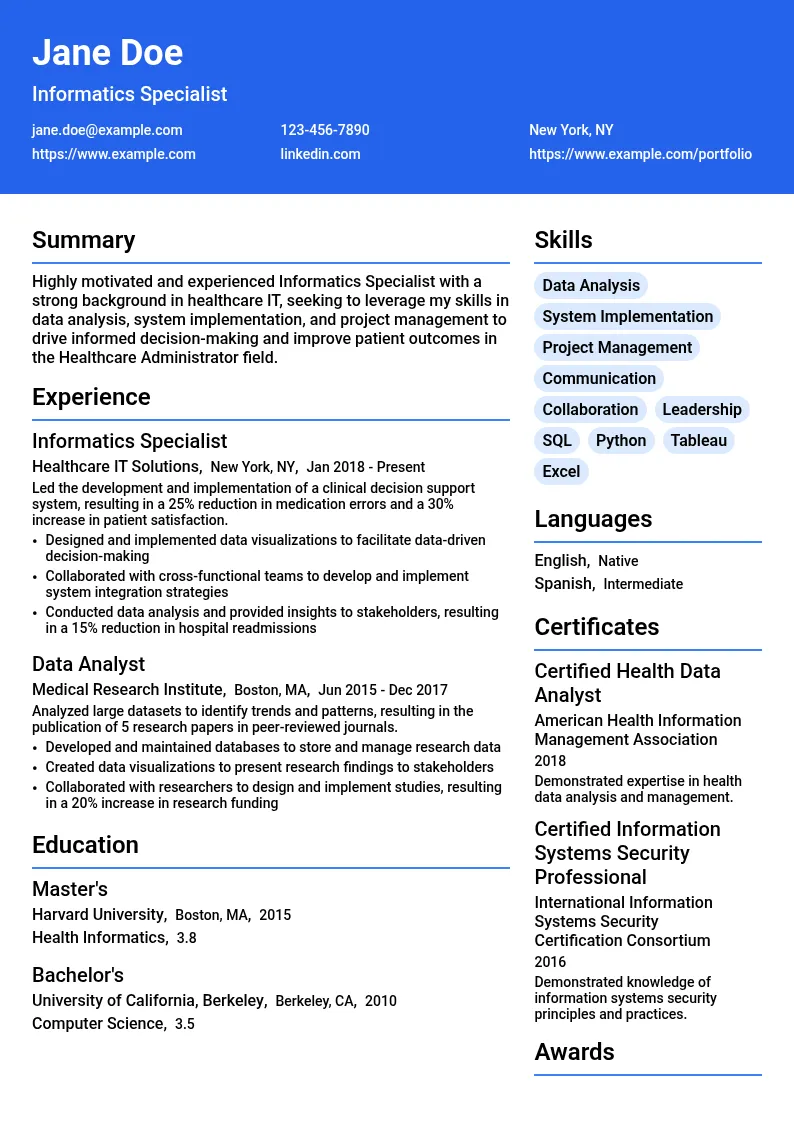 Informatics Specialist resume example