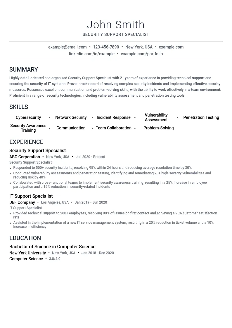 Security Support resume example