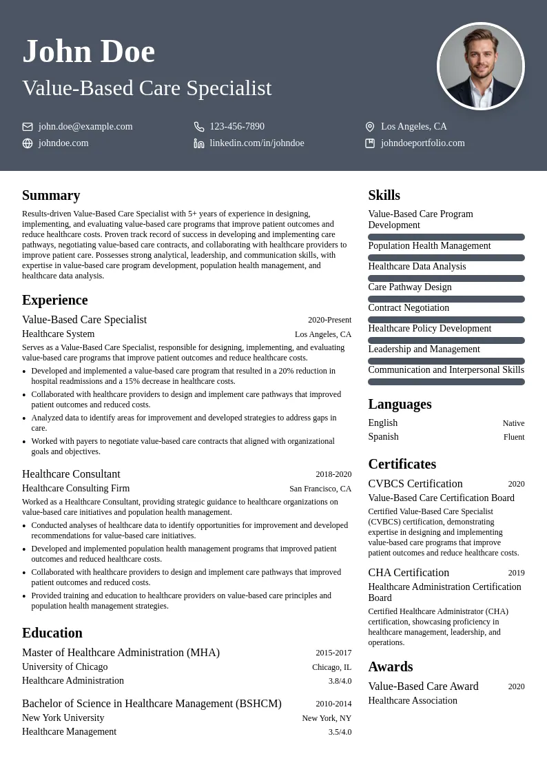 Value-Based Care Specialist resume example